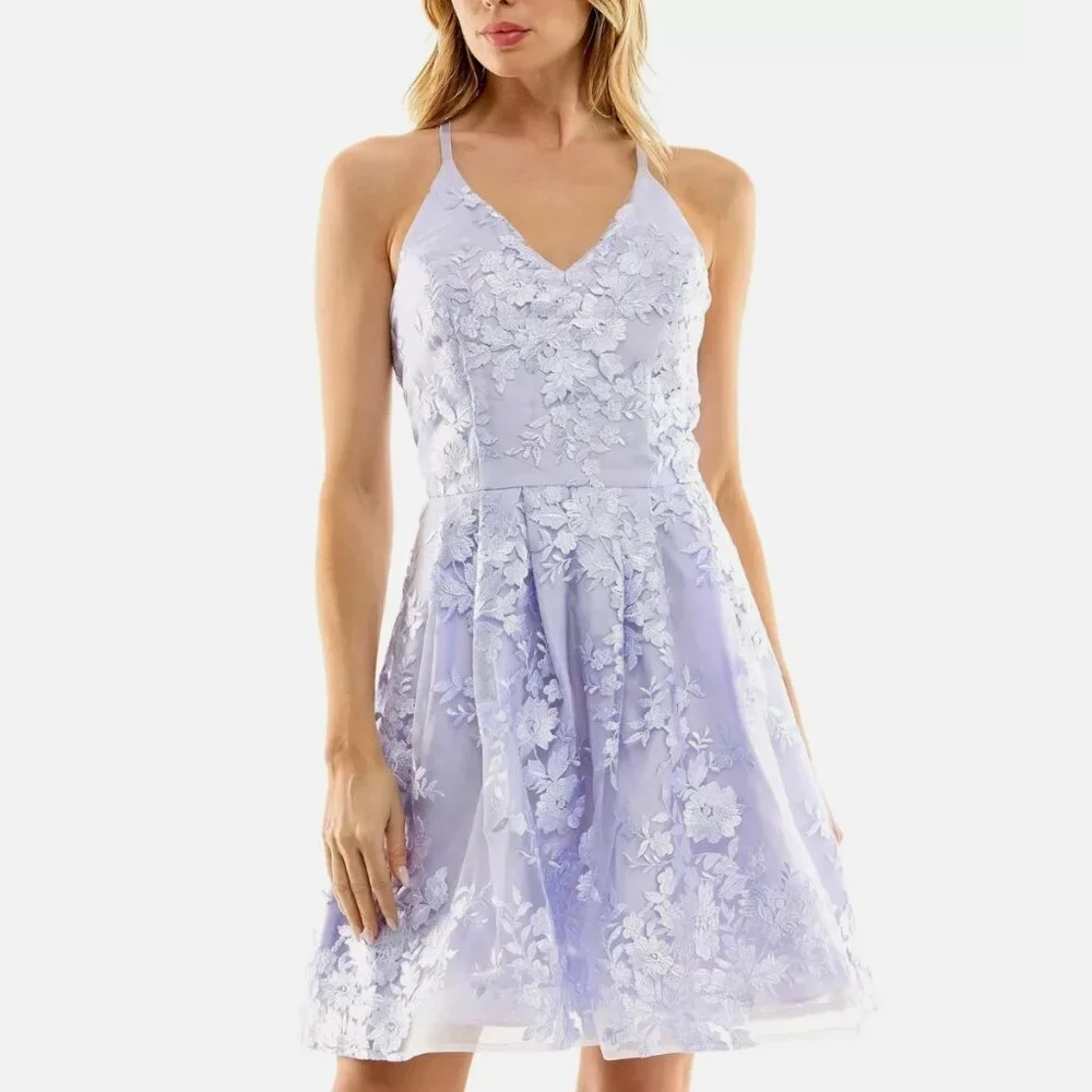 BCX  Embroidered Lined Lavender Nylon Fit & Flare Flocked Mesh Dress Sz 9